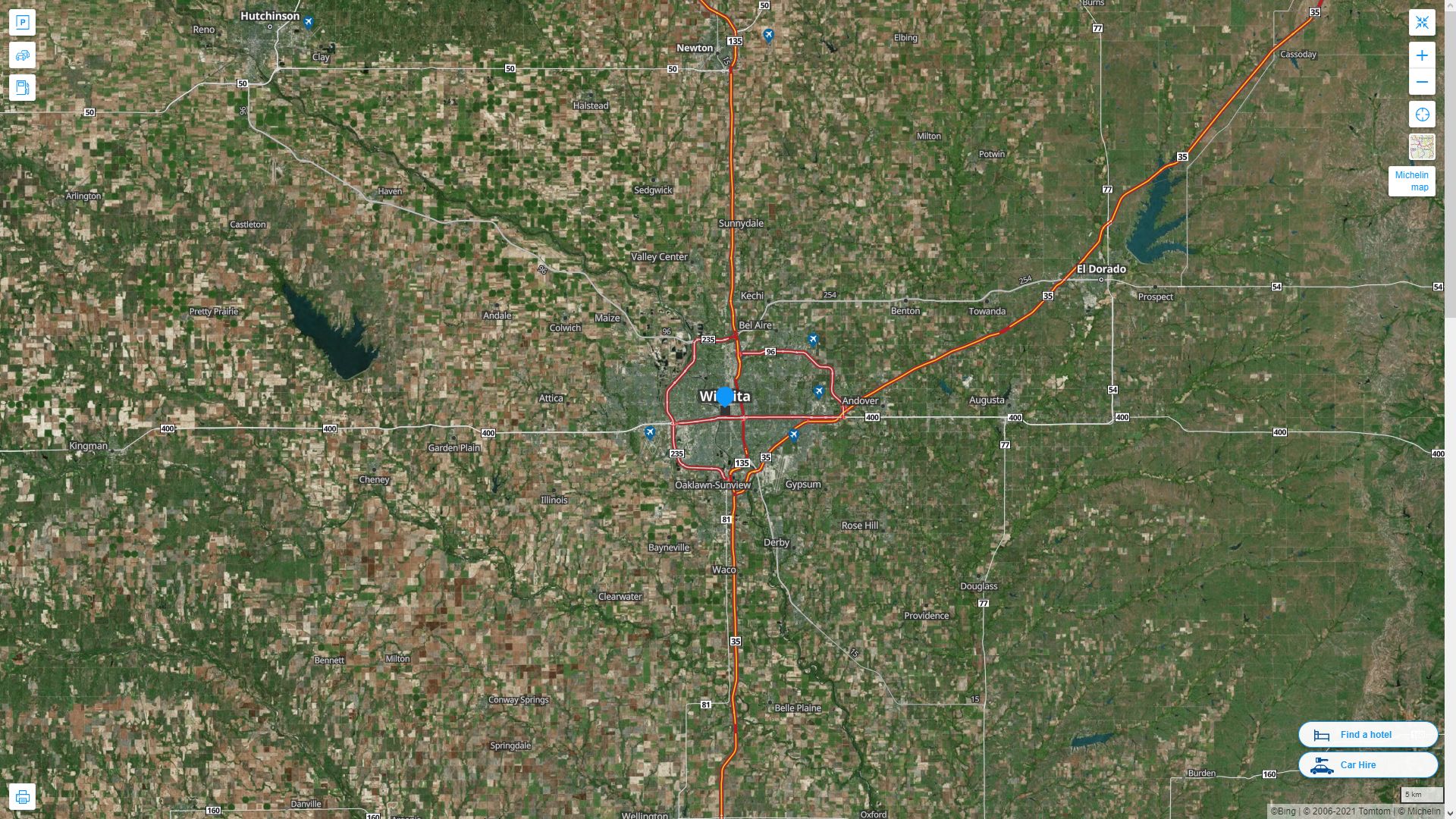 Wichita Kansas Highway and Road Map with Satellite View